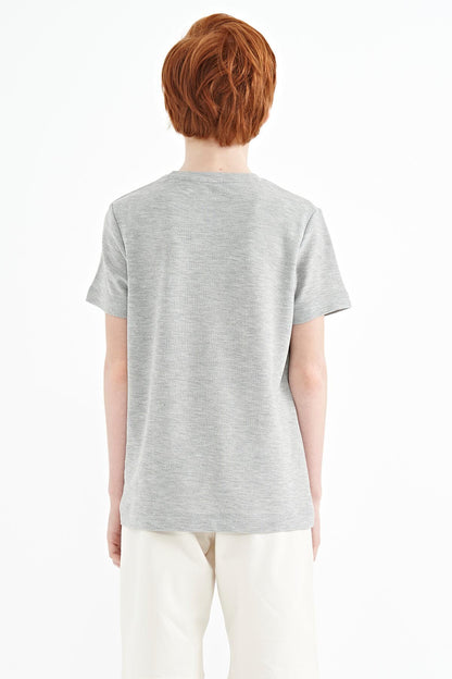 Grey Melange Embroidered Detailed O Collar Standard Fit Boys T-Shirt - 11115