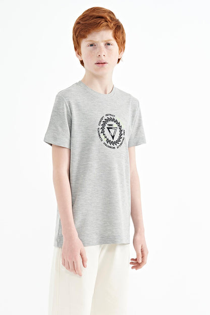 Grey Melange Embroidered Detailed O Collar Standard Fit Boys T-Shirt - 11115