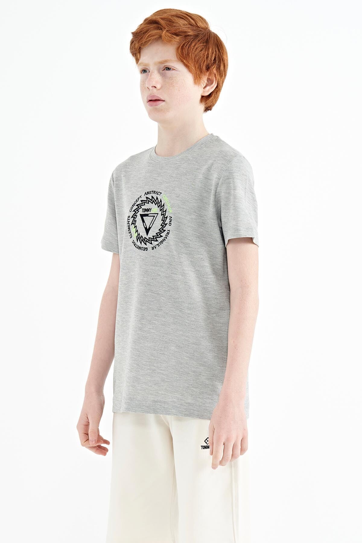 Grey Melange Embroidered Detailed O Collar Standard Fit Boys T-Shirt - 11115