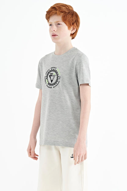 Grey Melange Embroidered Detailed O Collar Standard Fit Boys T-Shirt - 11115