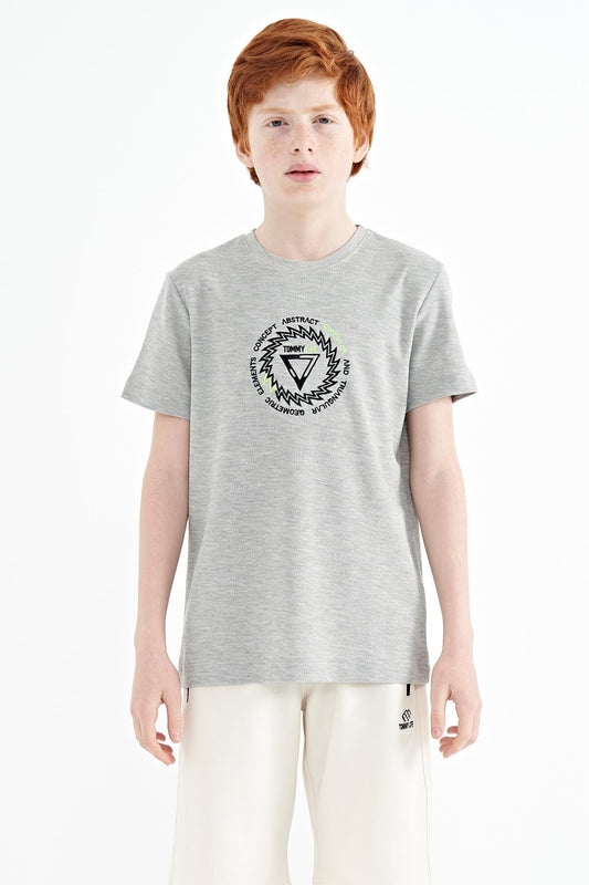Grey Melange Embroidered Detailed O Collar Standard Fit Boys T-Shirt - 11115