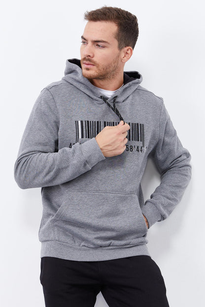 Grey Melange Embroidered Kangaroo Pocket Standard Fit Hooded Men's Sweatshirt - 87839
