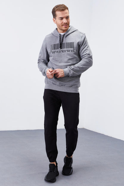 Grey Melange Embroidered Kangaroo Pocket Standard Fit Hooded Men's Sweatshirt - 87839
