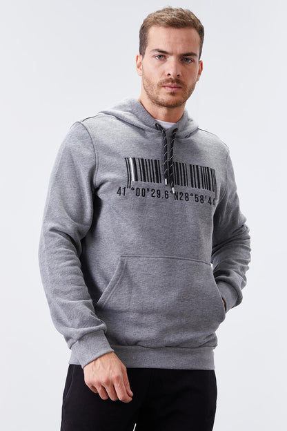 Grey Melange Embroidered Kangaroo Pocket Standard Fit Hooded Men's Sweatshirt - 87839