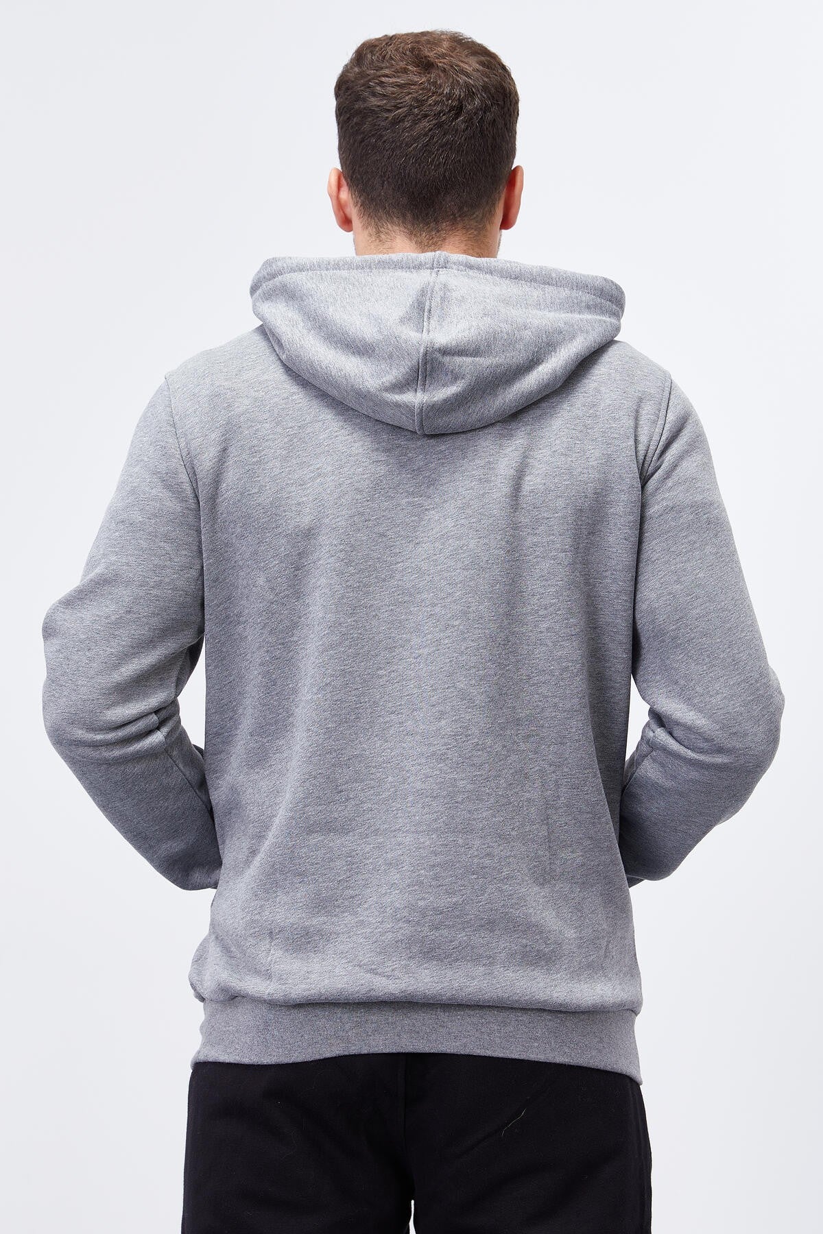 Grey Melange Embroidered Kangaroo Pocket Standard Fit Hooded Men's Sweatshirt - 87839