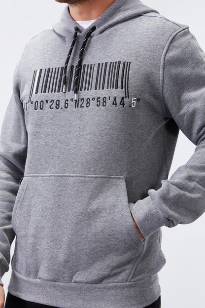 Grey Melange Embroidered Kangaroo Pocket Standard Fit Hooded Men's Sweatshirt - 87839