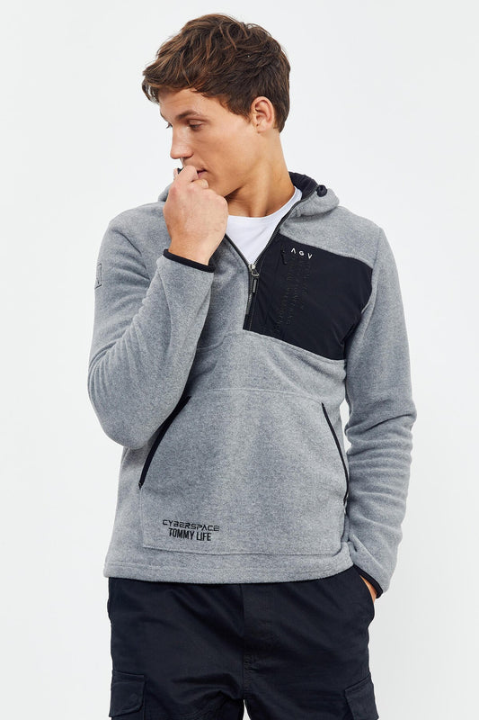 Grey Melange Embroidered Half Zip Hooded Regular Fit Men's Polar Fleece Sweatshirt - 87996