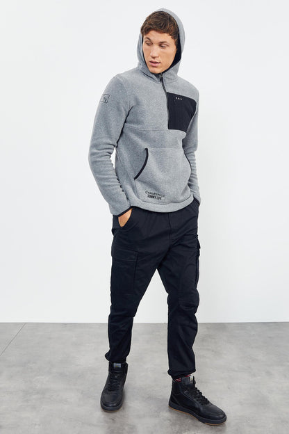 Grey Melange Embroidered Half Zip Hooded Regular Fit Men's Polar Fleece Sweatshirt - 87996