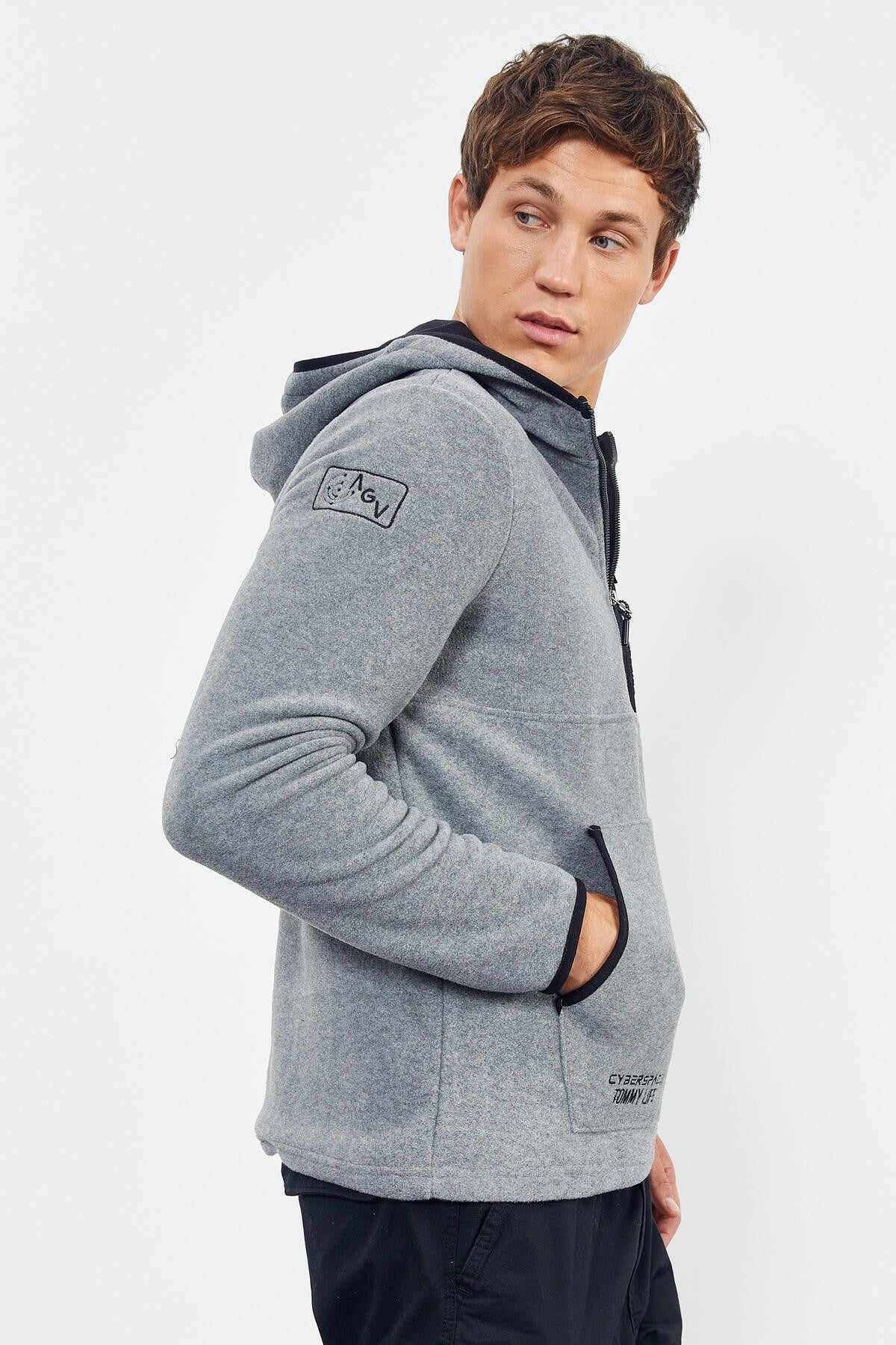Grey Melange Embroidered Half Zip Hooded Regular Fit Men's Polar Fleece Sweatshirt - 87996