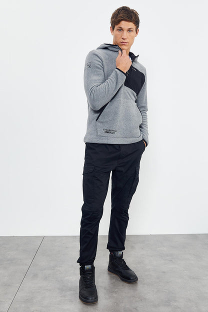 Grey Melange Embroidered Half Zip Hooded Regular Fit Men's Polar Fleece Sweatshirt - 87996