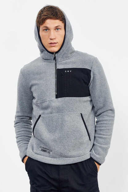 Grey Melange Embroidered Half Zip Hooded Regular Fit Men's Polar Fleece Sweatshirt - 87996