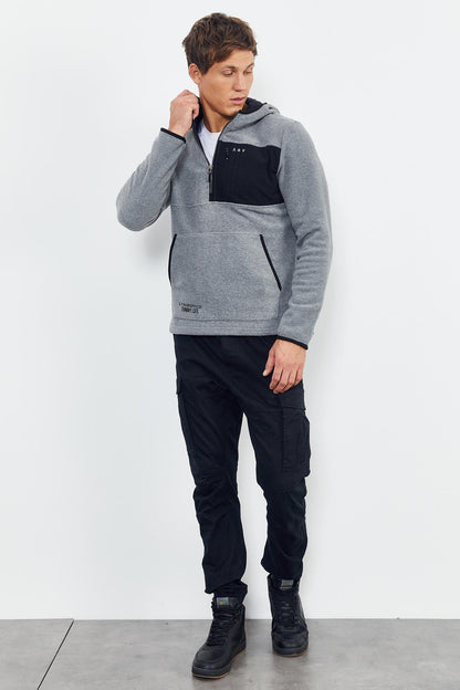 Grey Melange Embroidered Half Zip Hooded Regular Fit Men's Polar Fleece Sweatshirt - 87996