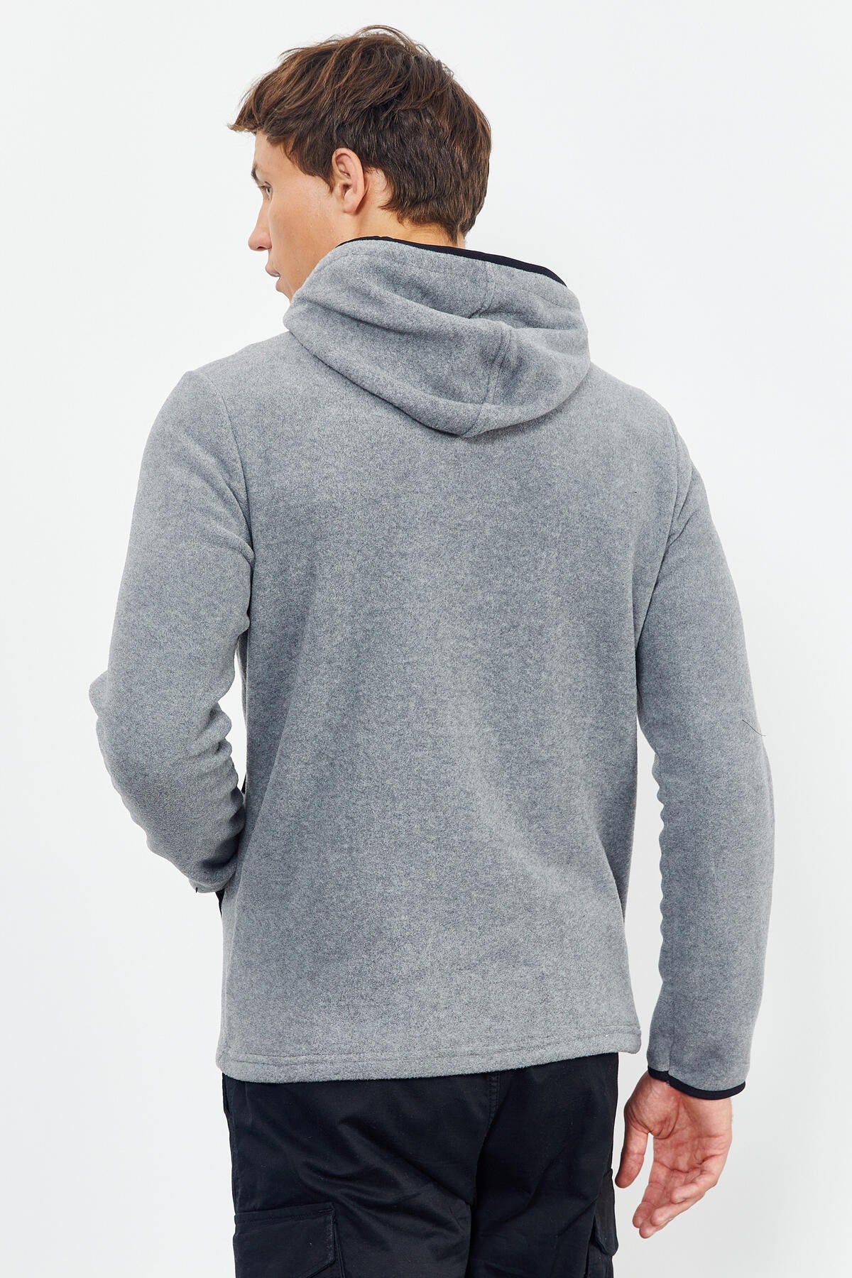 Grey Melange Embroidered Half Zip Hooded Regular Fit Men's Polar Fleece Sweatshirt - 87996