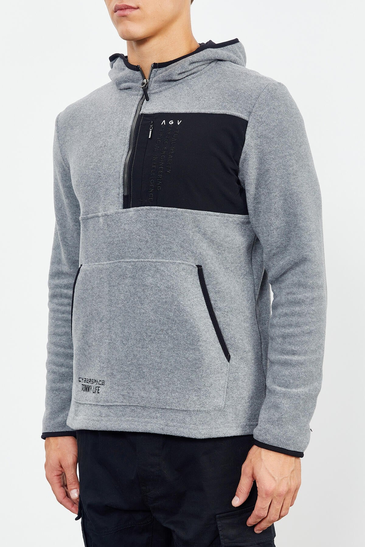 Grey Melange Embroidered Half Zip Hooded Regular Fit Men's Polar Fleece Sweatshirt - 87996
