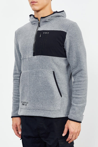 Grey Melange Embroidered Half Zip Hooded Regular Fit Men's Polar Fleece Sweatshirt - 87996