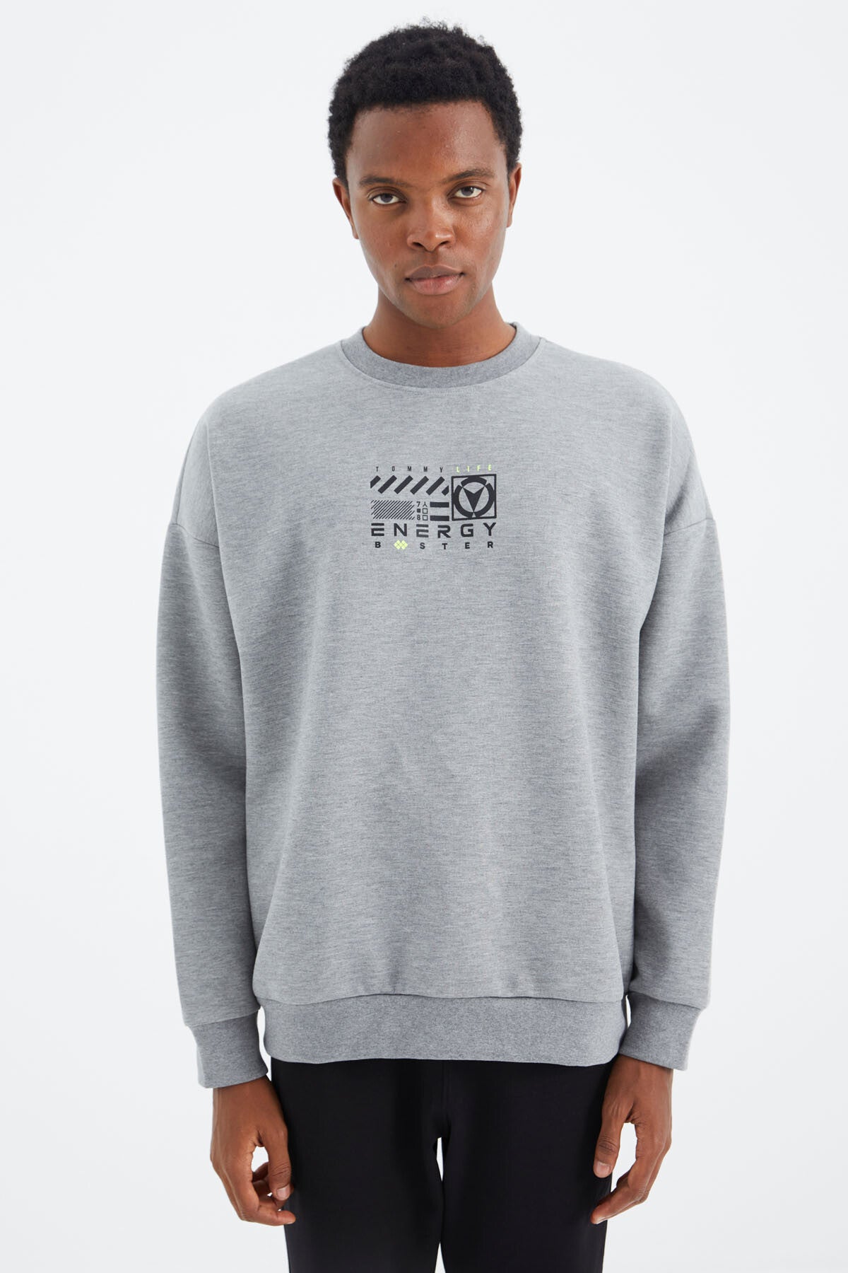 Grey Melange Round Neck Print Detailed Relax Fit Men's Sweatshirt - 88284