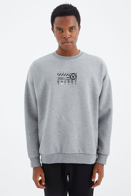 Grey Melange Round Neck Print Detailed Relax Fit Men's Sweatshirt - 88284