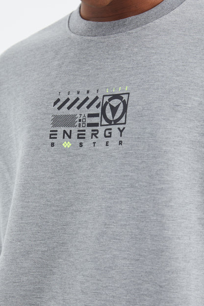 Grey Melange Round Neck Print Detailed Relax Fit Men's Sweatshirt - 88284