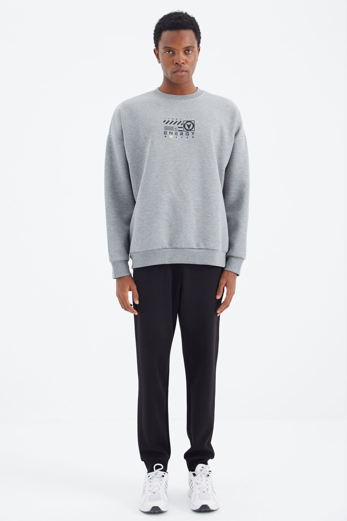 Grey Melange Round Neck Print Detailed Relax Fit Men's Sweatshirt - 88284