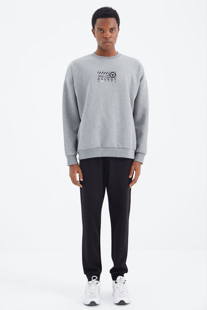 Grey Melange Round Neck Print Detailed Relax Fit Men's Sweatshirt - 88284