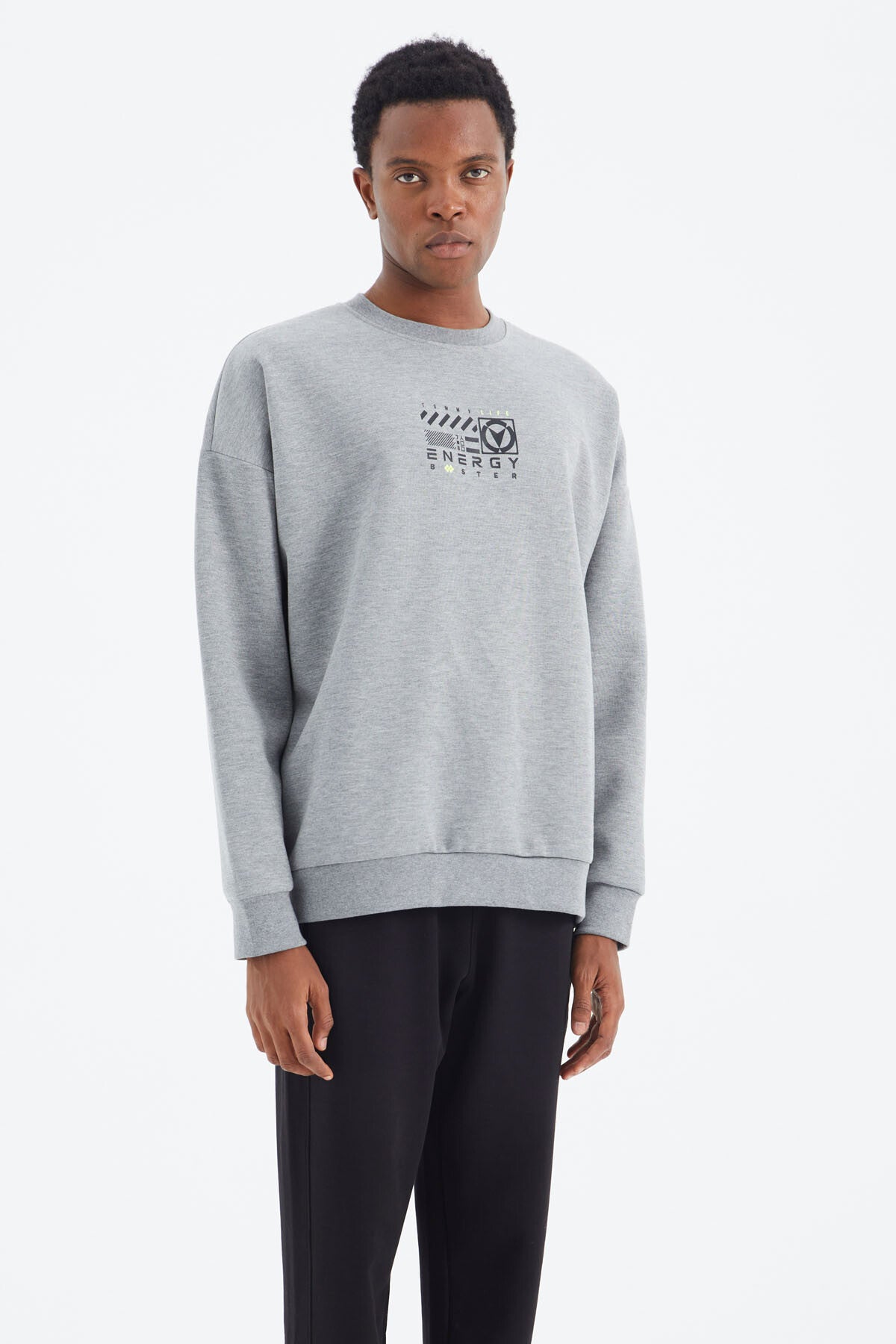 Grey Melange Round Neck Print Detailed Relax Fit Men's Sweatshirt - 88284