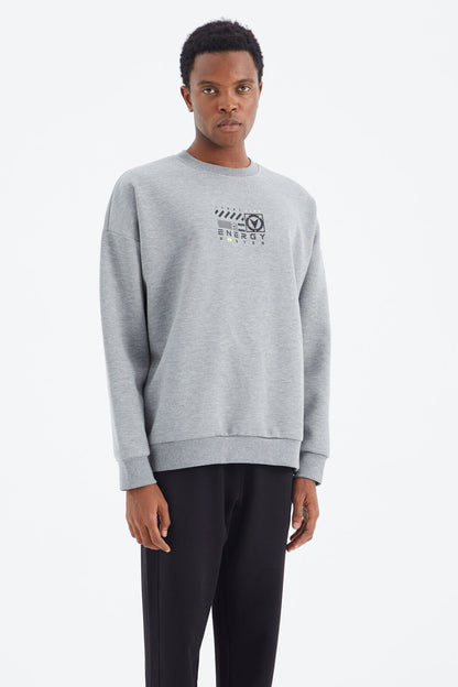 Grey Melange Round Neck Print Detailed Relax Fit Men's Sweatshirt - 88284