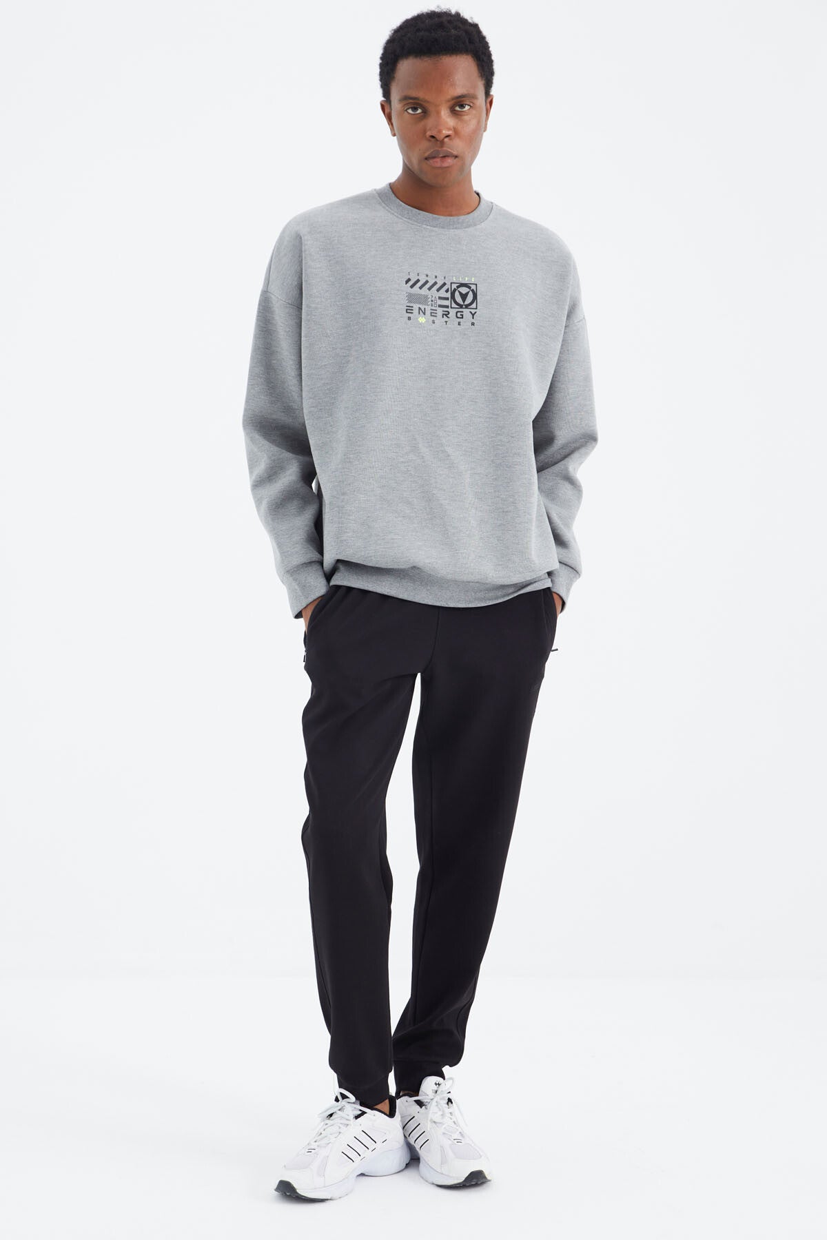 Grey Melange Round Neck Print Detailed Relax Fit Men's Sweatshirt - 88284