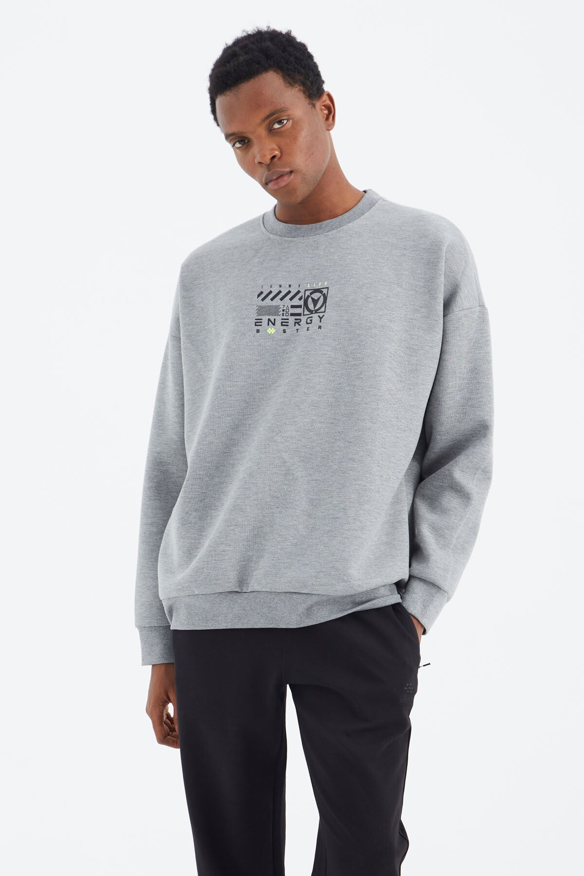 Grey Melange Round Neck Print Detailed Relax Fit Men's Sweatshirt - 88284