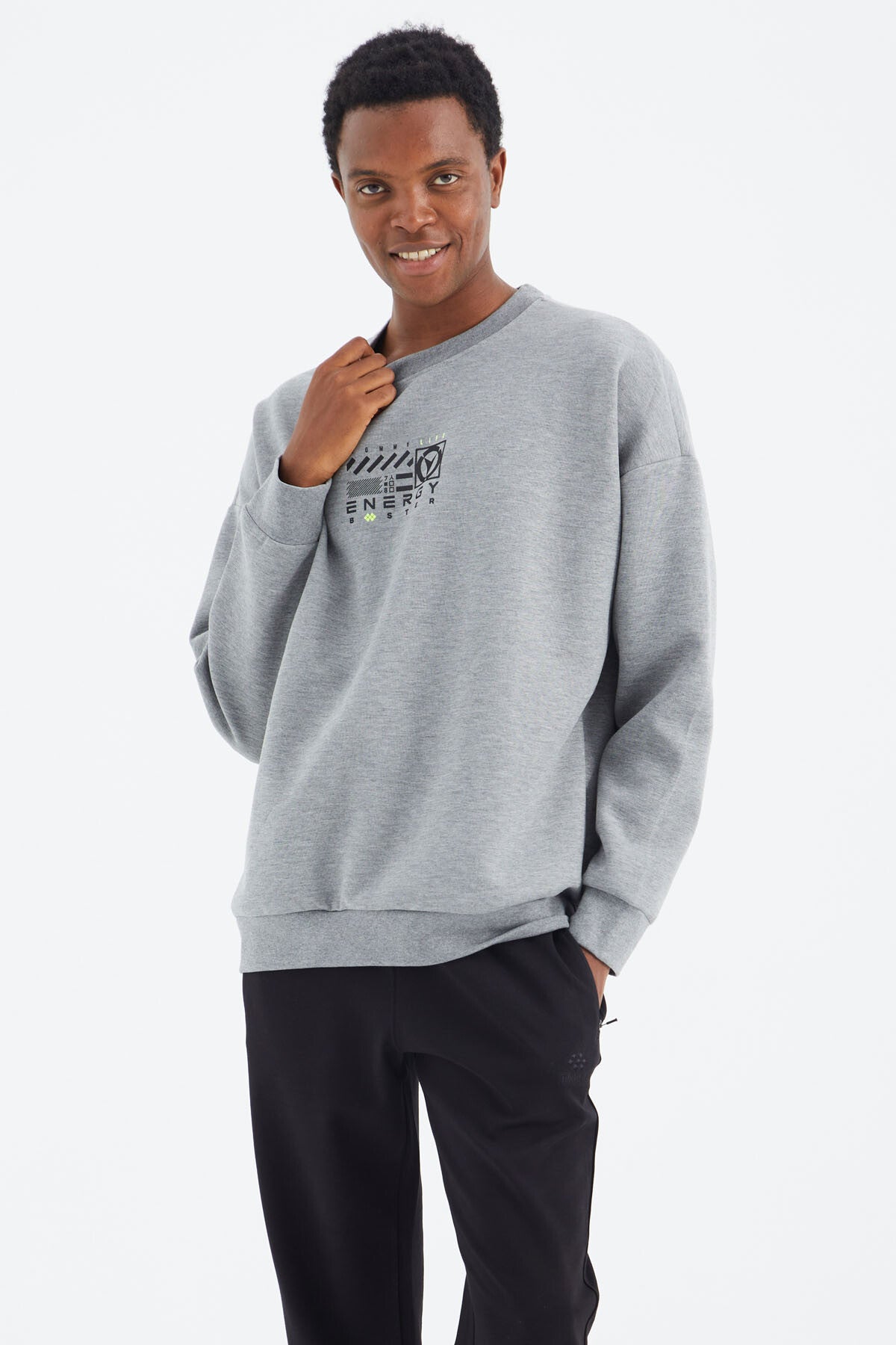 Grey Melange Round Neck Print Detailed Relax Fit Men's Sweatshirt - 88284