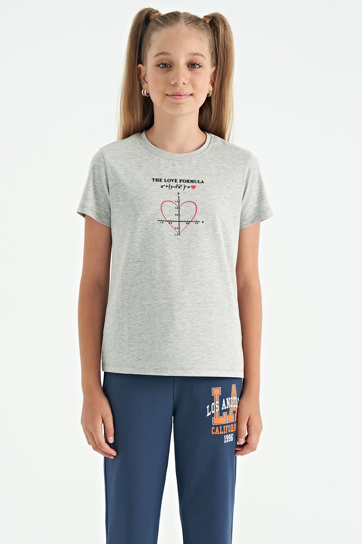 Grey Melange O Collar Print Detailed Relax Fit Girls T-Shirt - 75129