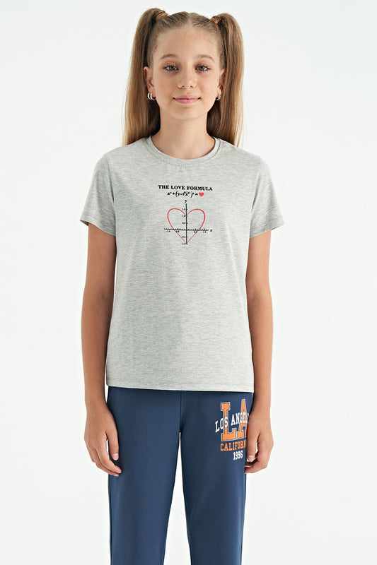 Grey Melange O Collar Print Detailed Relax Fit Girls T-Shirt - 75129
