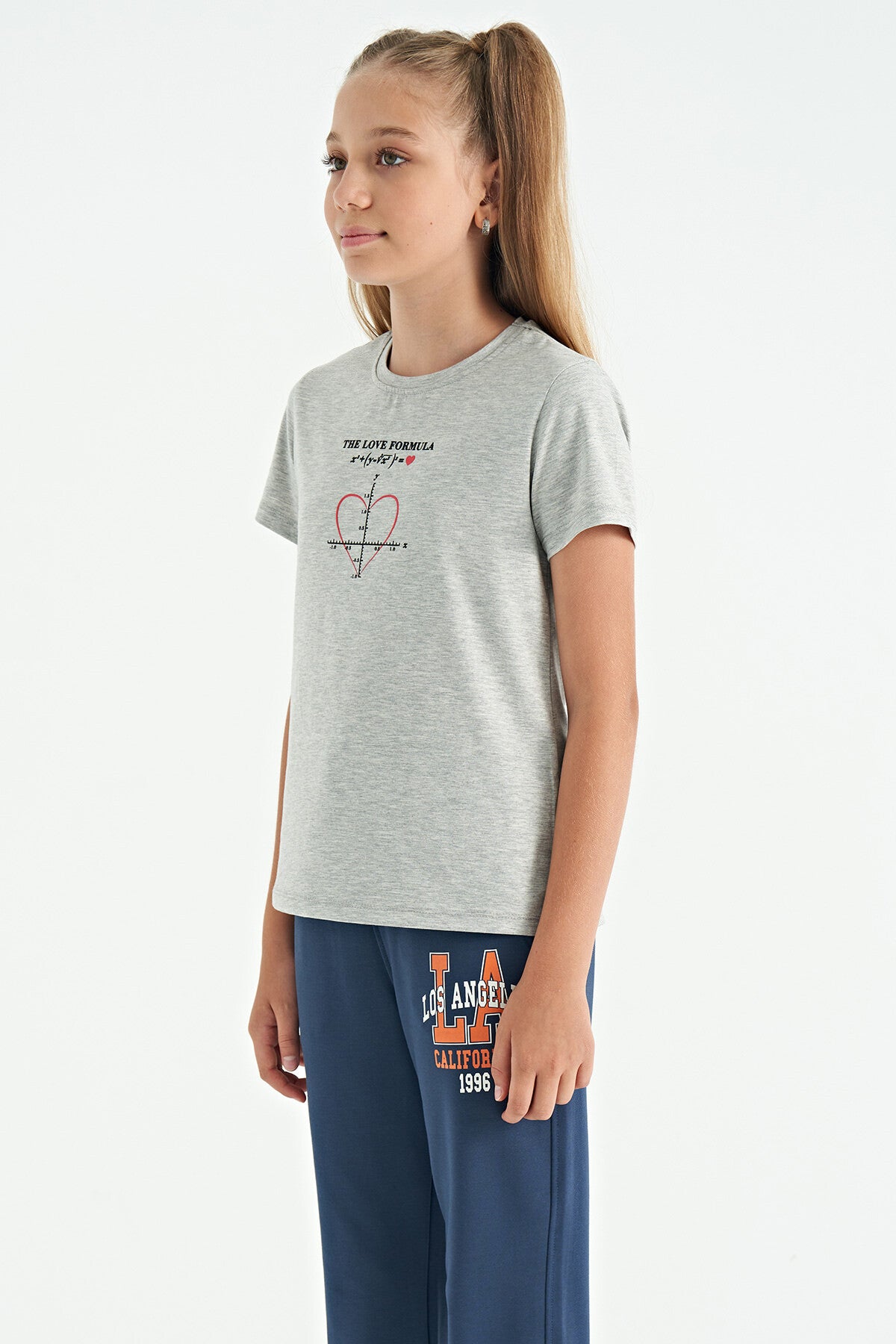 Grey Melange O Collar Print Detailed Relax Fit Girls T-Shirt - 75129