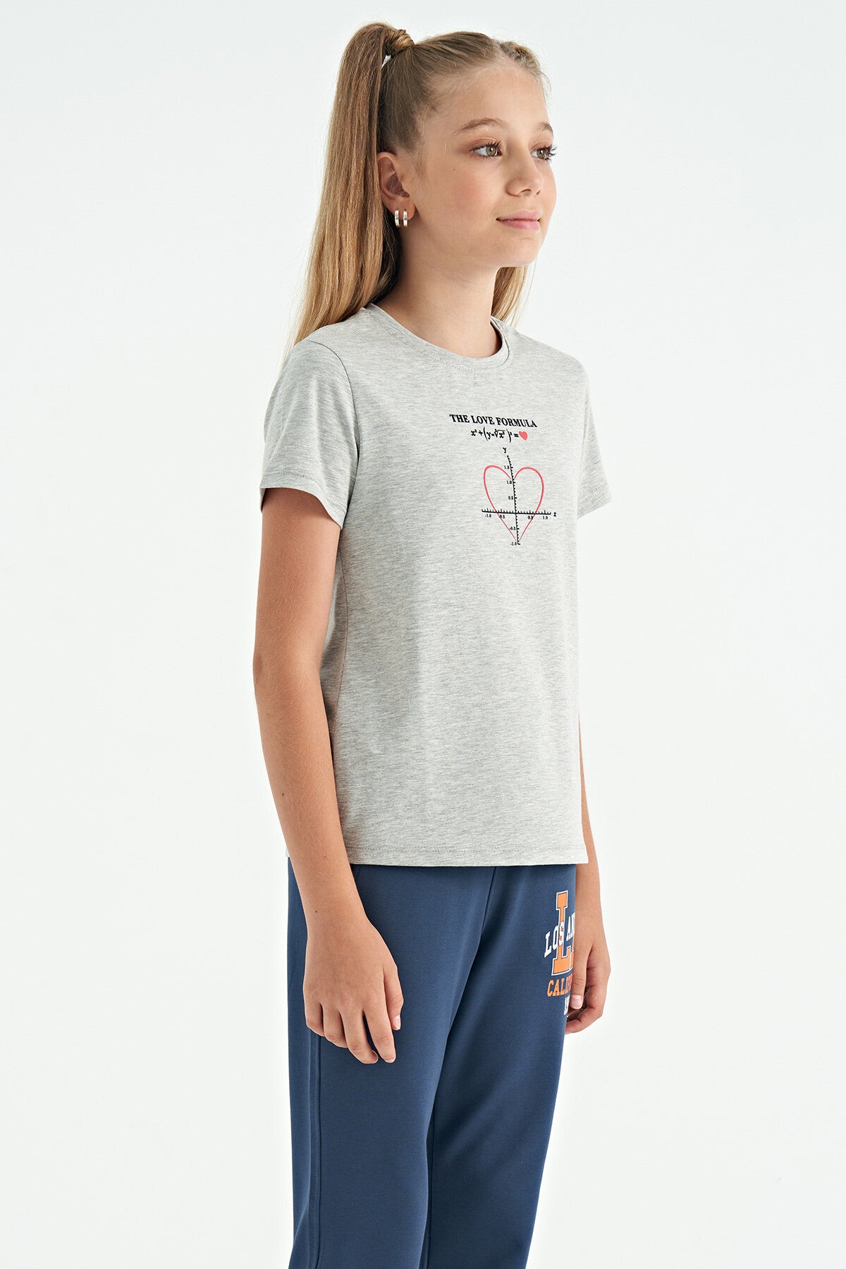 Grey Melange O Collar Print Detailed Relax Fit Girls T-Shirt - 75129
