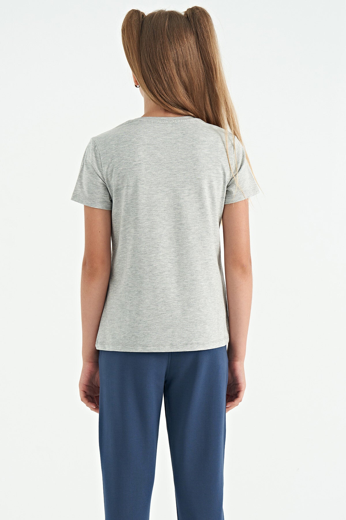 Grey Melange O Collar Print Detailed Relax Fit Girls T-Shirt - 75129