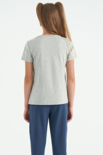 Grey Melange O Collar Print Detailed Relax Fit Girls T-Shirt - 75129