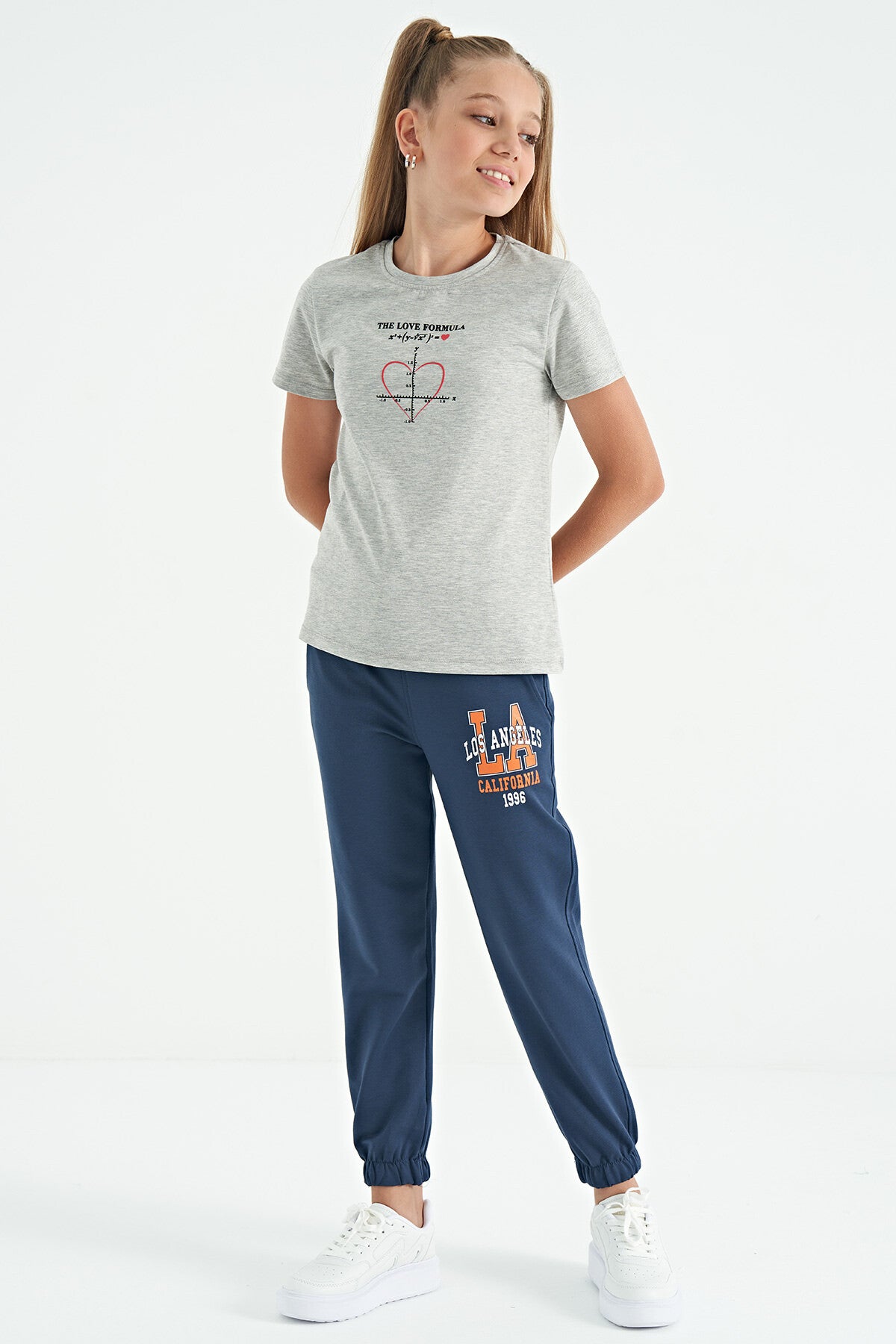 Grey Melange O Collar Print Detailed Relax Fit Girls T-Shirt - 75129