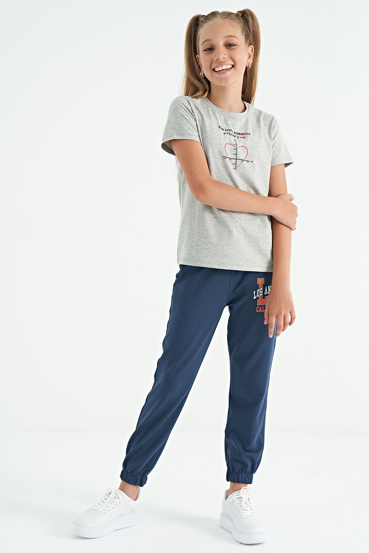 Grey Melange O Collar Print Detailed Relax Fit Girls T-Shirt - 75129
