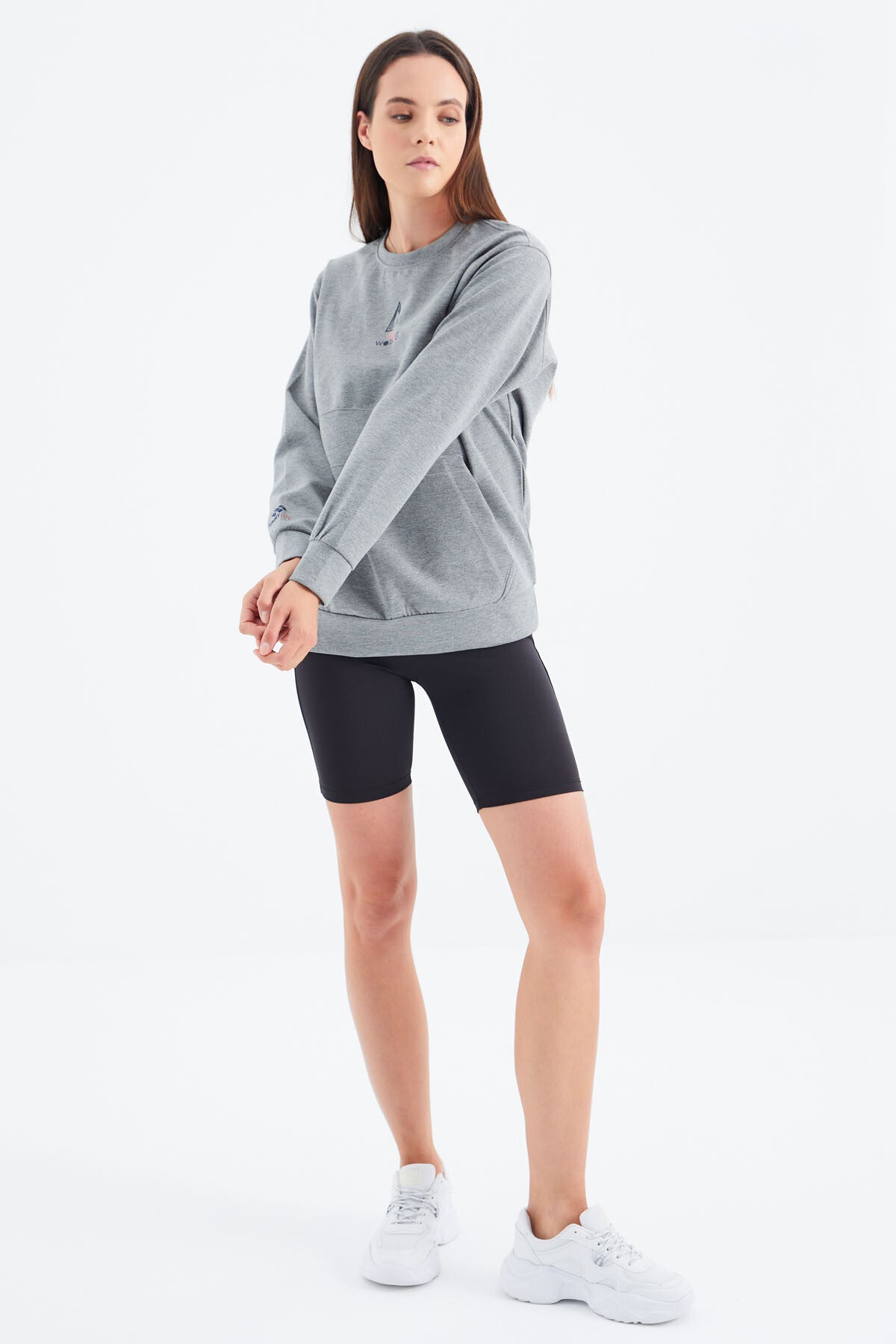 Grey Melange O Neck Detailed Oversize Women's Sweatshirt - 97276