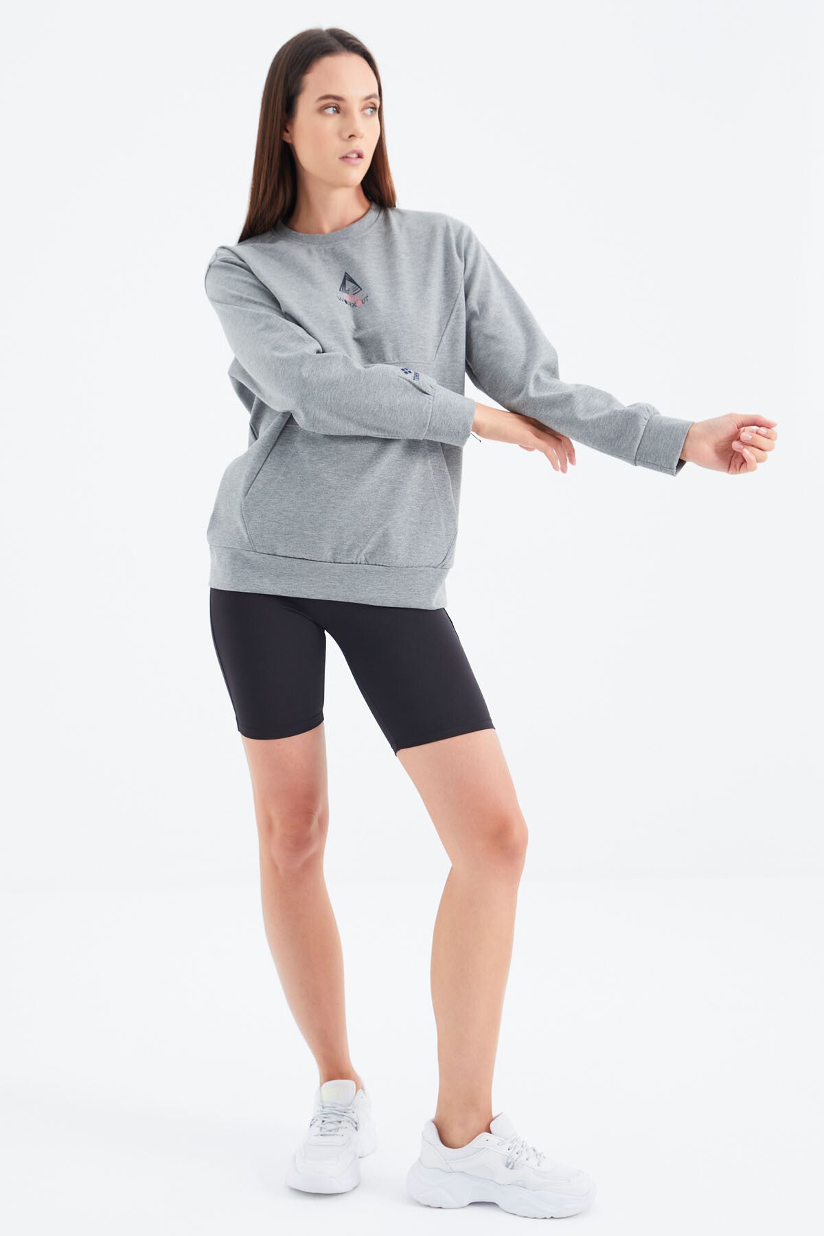 Grey Melange O Neck Detailed Oversize Women's Sweatshirt - 97276