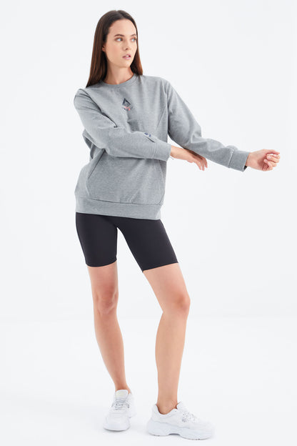 Grey Melange O Neck Detailed Oversize Women's Sweatshirt - 97276