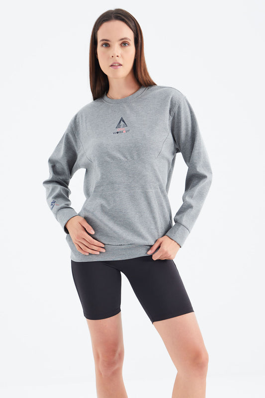 Grey Melange O Neck Detailed Oversize Women's Sweatshirt - 97276