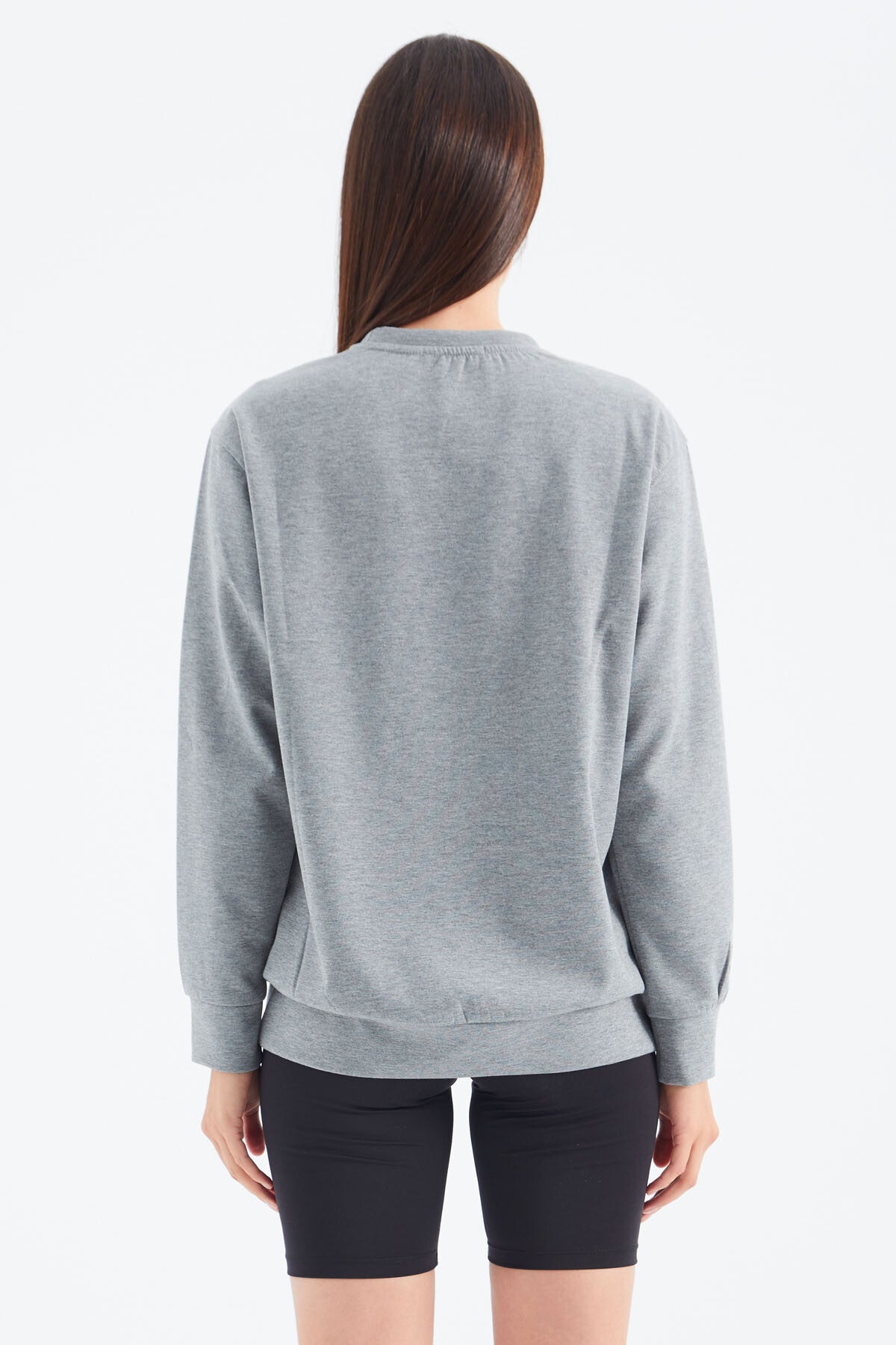 Grey Melange O Neck Detailed Oversize Women's Sweatshirt - 97276