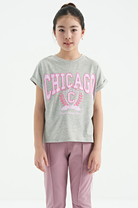 Grey Melange O Neck Drop Shoulder Relaxed Fit Short Sleeve Girls T-Shirt - 75128