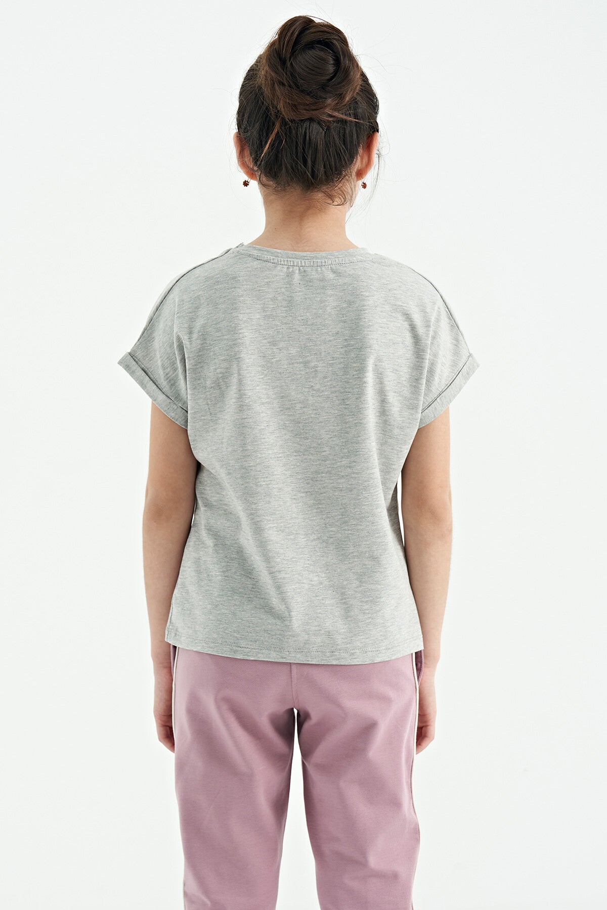 Grey Melange O Neck Drop Shoulder Relaxed Fit Short Sleeve Girls T-Shirt - 75128