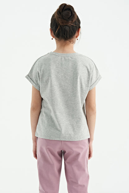 Grey Melange O Neck Drop Shoulder Relaxed Fit Short Sleeve Girls T-Shirt - 75128