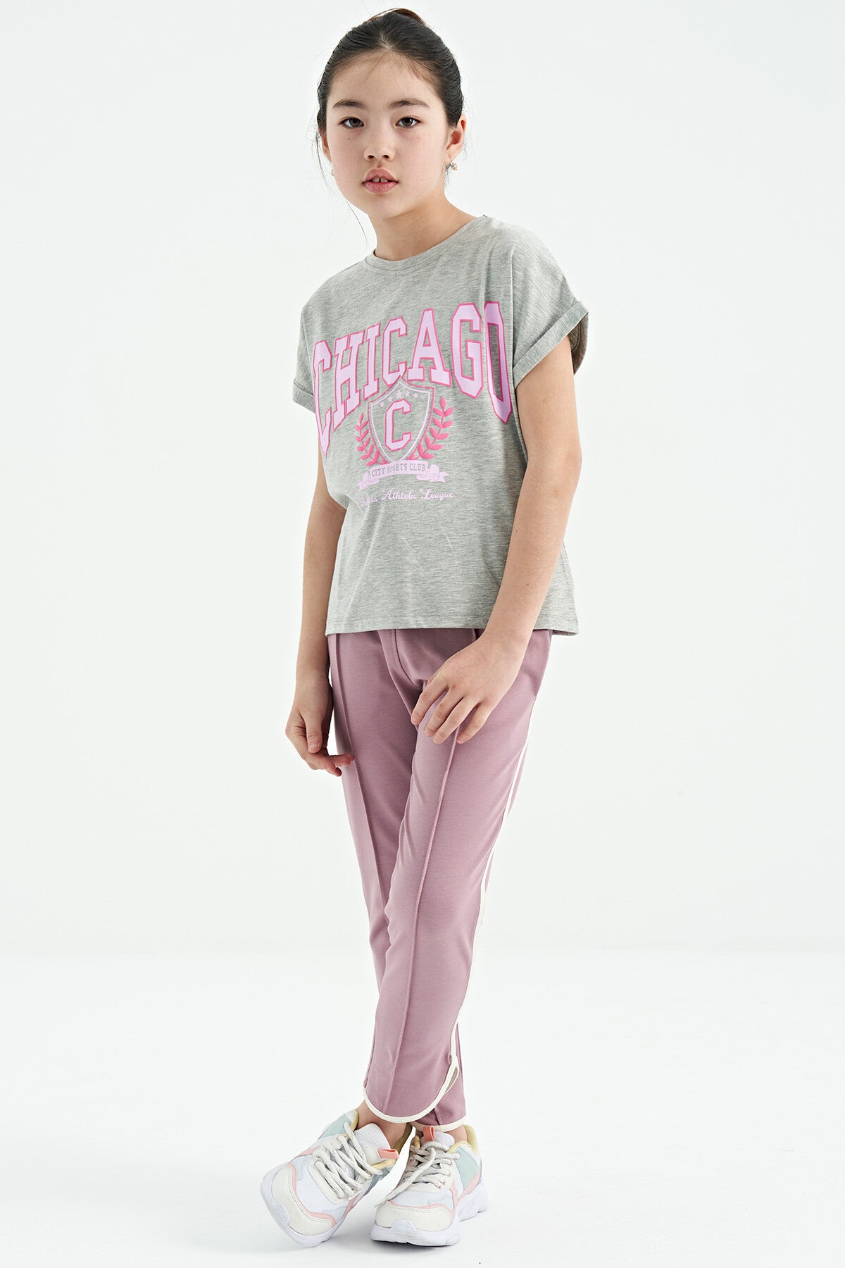 Grey Melange O Neck Drop Shoulder Relaxed Fit Short Sleeve Girls T-Shirt - 75128