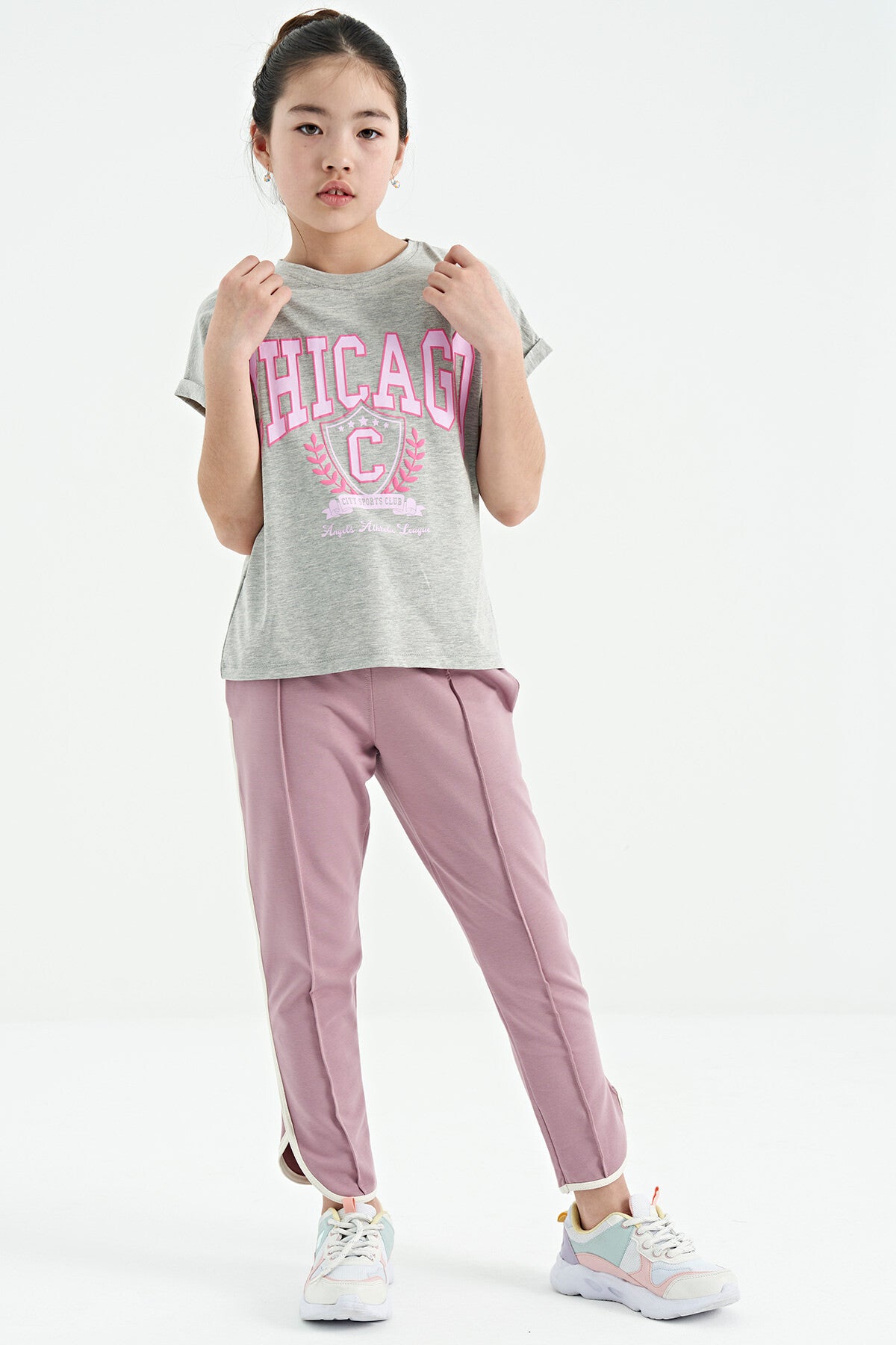 Grey Melange O Neck Drop Shoulder Relaxed Fit Short Sleeve Girls T-Shirt - 75128