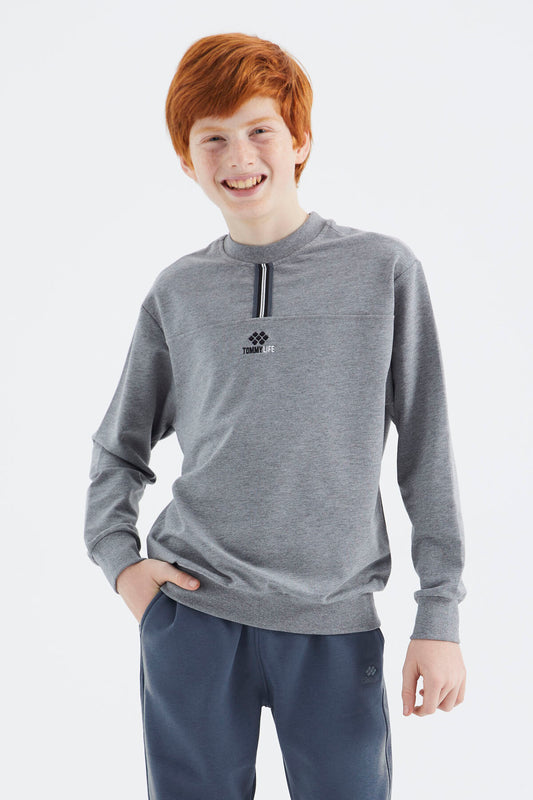 Grey Melange Round Neck Boys' Sweatshirt - 11178