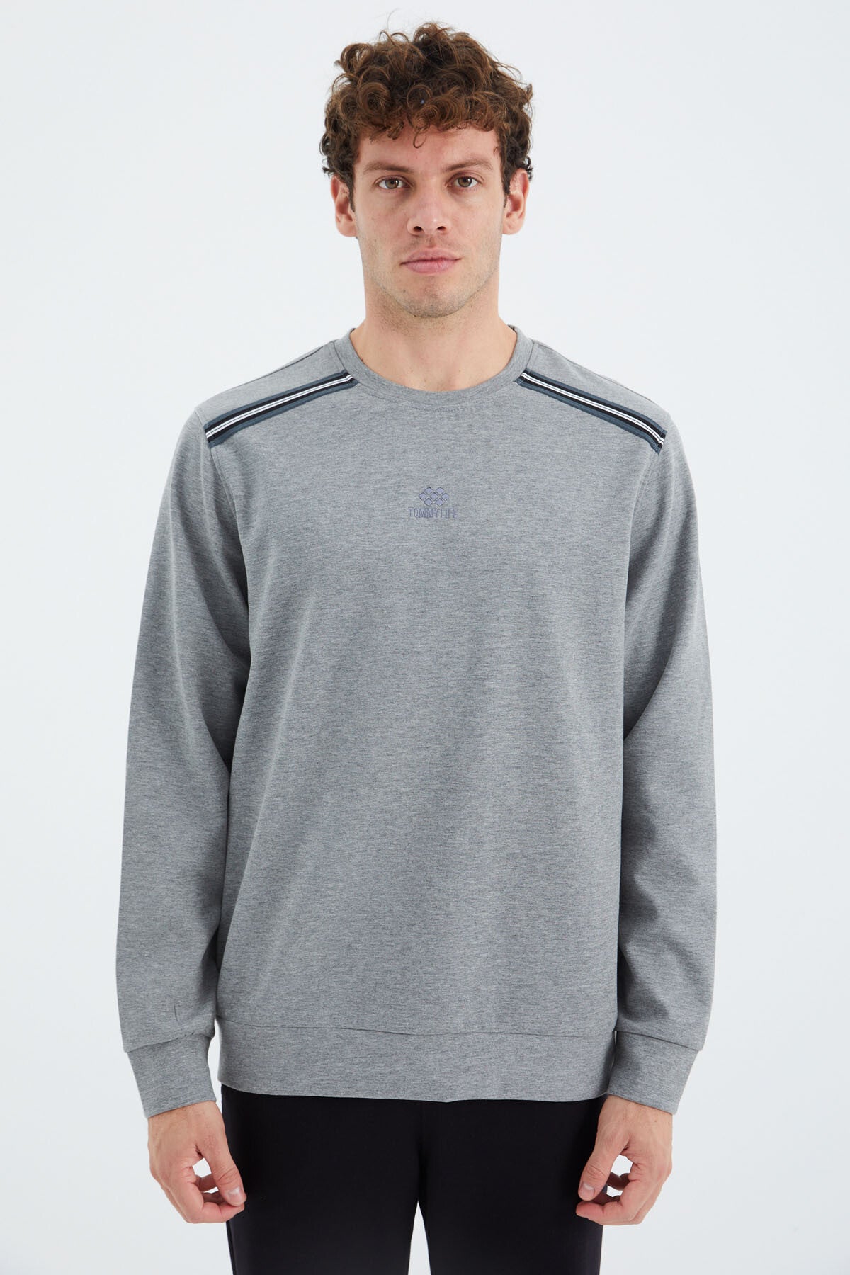 Grey Melange Round Neck Ribbed Shoulder Detailed Relax Fit Men's Sweatshirt - 88279