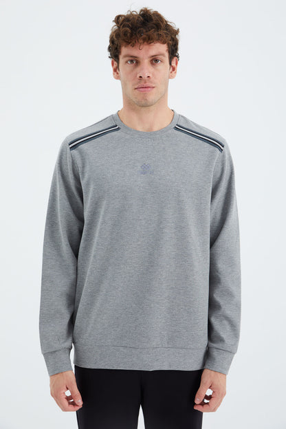 Grey Melange Round Neck Ribbed Shoulder Detailed Relax Fit Men's Sweatshirt - 88279